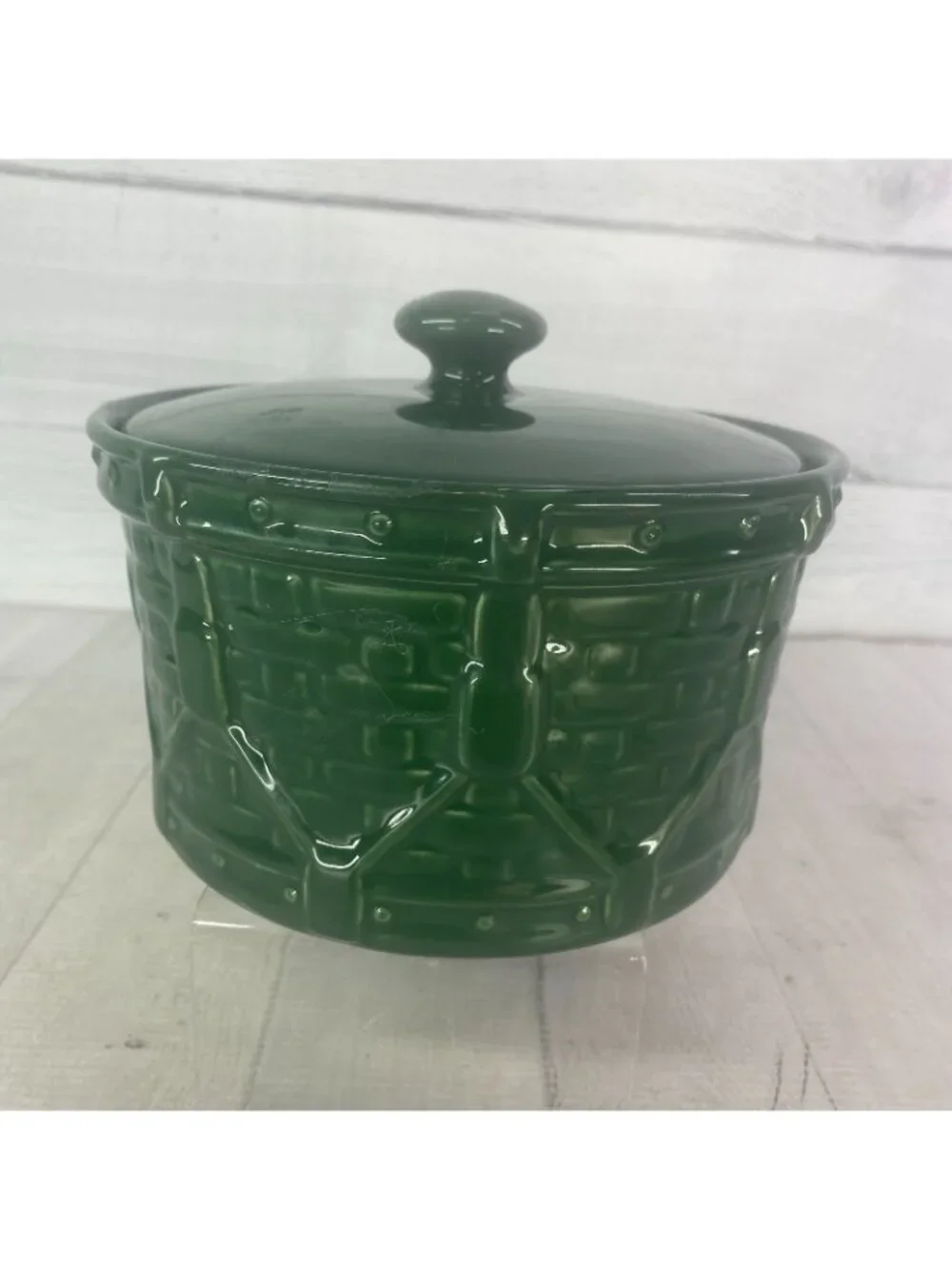 Longaberger Pottery WOVEN DRUM Ivy Green Traditions Embossed 4